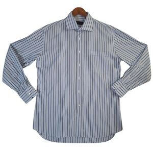 Canali Dress Shirt Mens 42/16.5 Blue Brown Striped Long Sleeve Cotton Made Italy